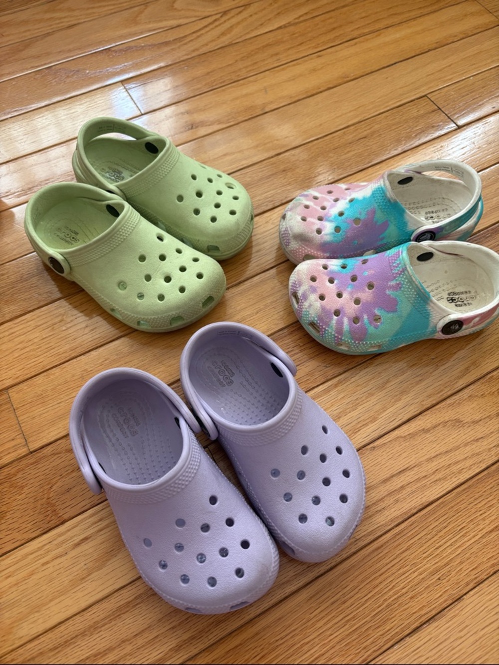 CROCS Kids Clogs Trio - Pastel Green, Lavender & Multicolor Tie-Dye size 9!